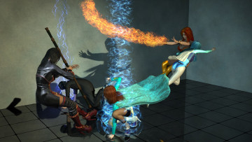 обоя 3д графика, фантазия , fantasy, драка, фон, взгляд, девушки, магия