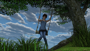 Картинка 3д+графика люди+ people качели фон девушка взгляд