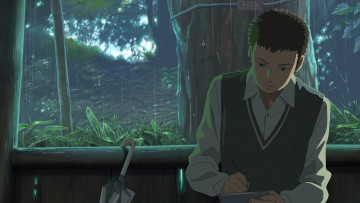 Картинка аниме kotonoha+no+niwa жилет блокнот дождь зонт парень деревья kotonoha no niwa the garden of words беседка takao akizuki сад изящных слов makoto shinkai