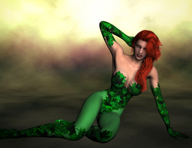 Обои картинки фото poison ivy, 3д графика, люди , people, рыжая, фон, девушка, взгляд