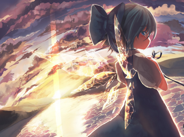 Обои картинки фото аниме, touhou, арт, крылья, девочка, cirno, ha, ru, небо, море, облака, солнце, закат