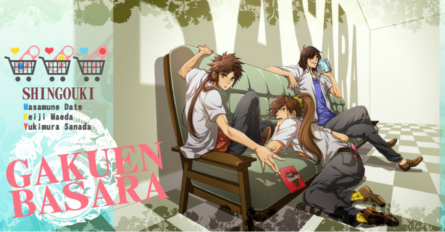 Обои картинки фото аниме, sengoku basara, keiji, maeda, sengoku, basara, fanart, yukimura, sanada, диван, трое, парни, masamune, date