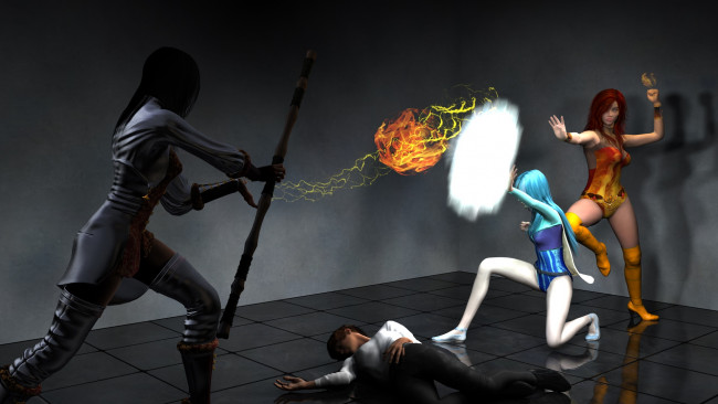 Обои картинки фото 3д графика, фантазия , fantasy, драка, фон, взгляд, девушки