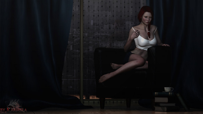 Обои картинки фото 3д графика, люди , people, чашка, фон, взгляд, девушка