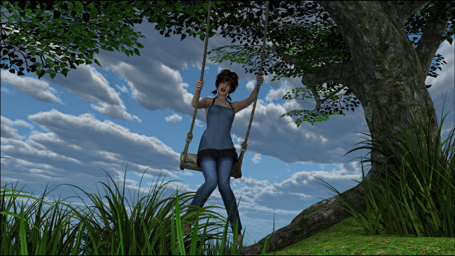 Обои картинки фото 3д графика, люди , people, качели, фон, девушка, взгляд