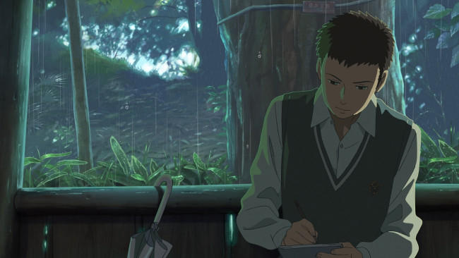 Обои картинки фото аниме, kotonoha no niwa, жилет, блокнот, дождь, зонт, парень, деревья, kotonoha, no, niwa, the, garden, of, words, беседка, takao, akizuki, сад, изящных, слов, makoto, shinkai