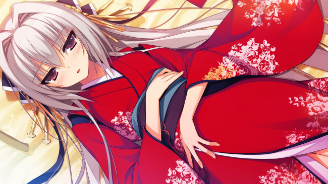 Обои картинки фото аниме, unknown,  другое, смущение, reminiscence, re, юката, daizenji, suzuka, art, девушка, постель, лежит