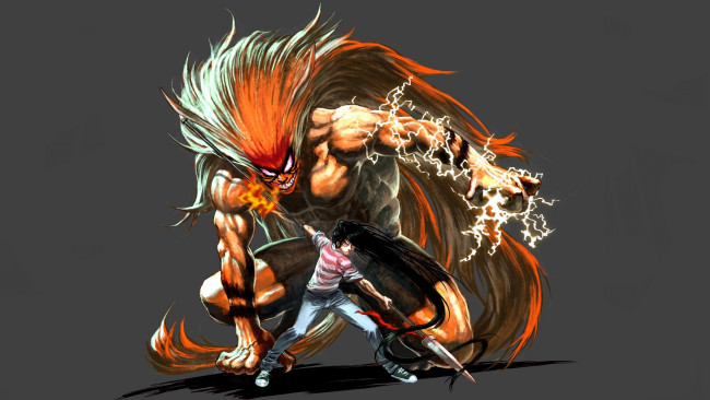 Обои картинки фото аниме, животные,  существа, монстр, парень, ushio, to, tora, копьё, демон