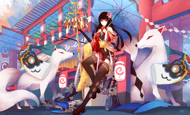 Обои картинки фото аниме, животные,  существа, зонт, арт, девушка