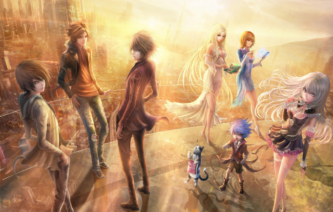 Обои картинки фото аниме, город,  улицы,  здания, высота, девушки, парни, балкон, арт, fufu