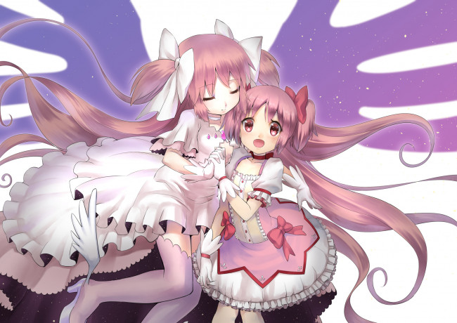 Обои картинки фото аниме, mahou shoujo madoka magika, богиня, бант, платье, крылья, девушки, kaname, madoka, фон, взгляд, волосы