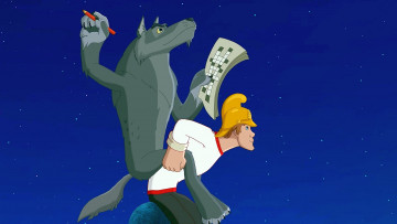 Картинка мультфильмы иван+царевич+и+серый+волк+2 волк парень шлем карандаш небо газета полет