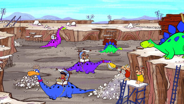 Картинка мультфильмы the+flintstones динозавр люди работа раскопка карьер