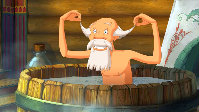 Обои картинки фото мультфильмы, иван царевич и серый волк 2, мужчина, бочка, вода, борода, улыбка, эмоции