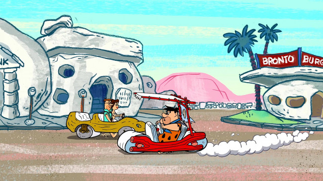 Обои картинки фото мультфильмы, the flintstones, мужчина, люди, машина, деревья