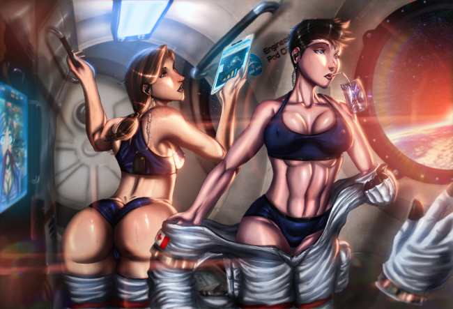 Обои картинки фото рисованное, люди, фон, девушки, корабль