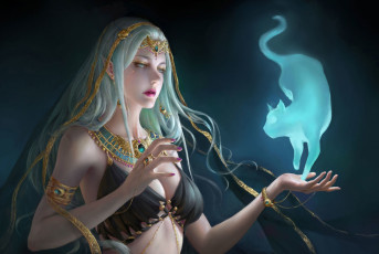 Картинка фэнтези магия кот взгляд девушка украшения животное арт