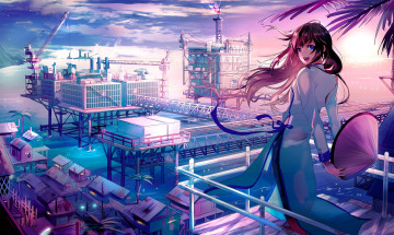 Картинка аниме город +улицы +интерьер +здания девушка