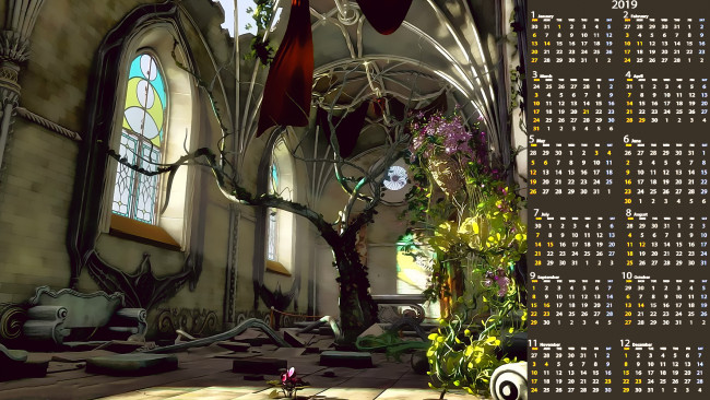 Обои картинки фото календари, фэнтези, помещение, дерево, витраж