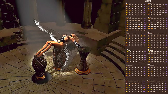 Обои картинки фото календари, фэнтези, помещение, девушка, ступени, крылья