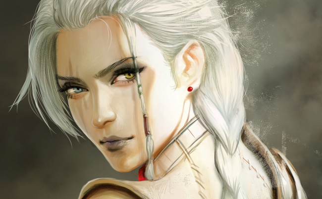 Обои картинки фото фэнтези, девушки, взгляд, девушка, лицо, арт, блондинка, коса