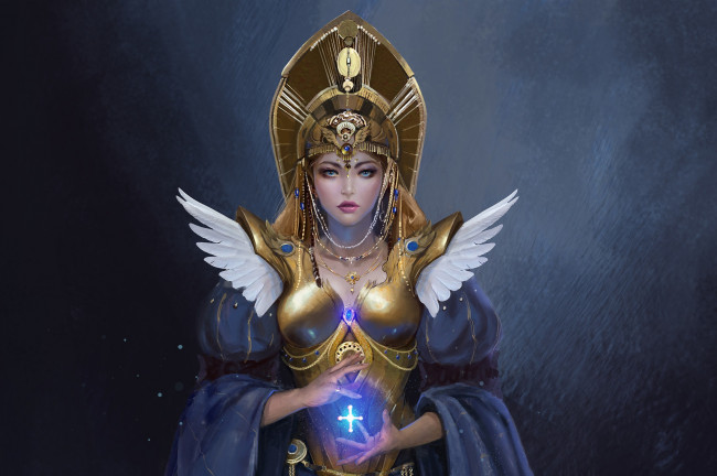 Обои картинки фото фэнтези, девушки, взгляд, девушка, украшения, магия, доспехи, арт