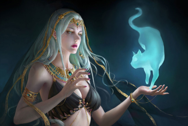Обои картинки фото фэнтези, магия, кот, взгляд, девушка, украшения, животное, арт