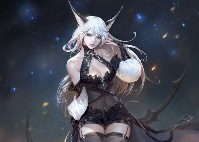 Обои картинки фото фэнтези, существа, фентези, фон, поза, взгляд, девушка, шорты, чулки, арт, ушки