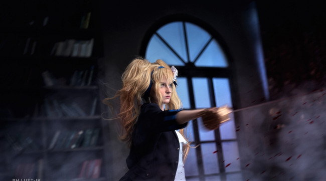 Обои картинки фото девушки, kirdjava, костюм, образ, шпага, кровь, комната