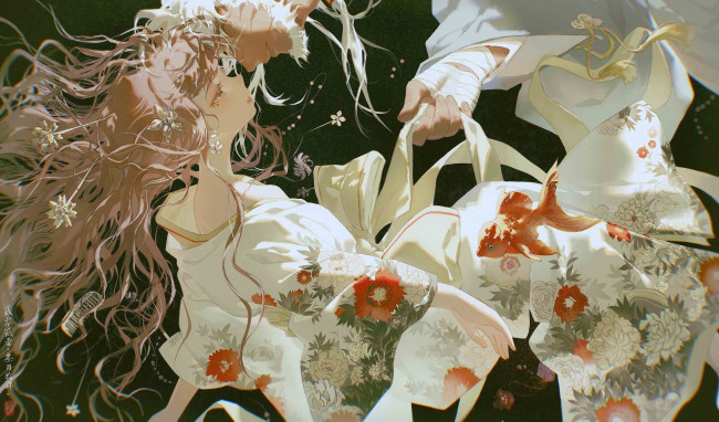 Обои картинки фото аниме, unknown,  другое , девушка, рука, гребень, рыбка