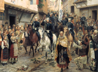 обоя рисованное, николай дмитриев-оренбургский, город, улица, люди, священники, всадники