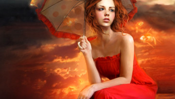 обоя фэнтези, девушки, девушка, платье, зонт, рыбы