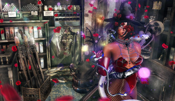 Картинка 3д+графика фантазия+ fantasy девушка шляпа боди змея магия полки лепестки