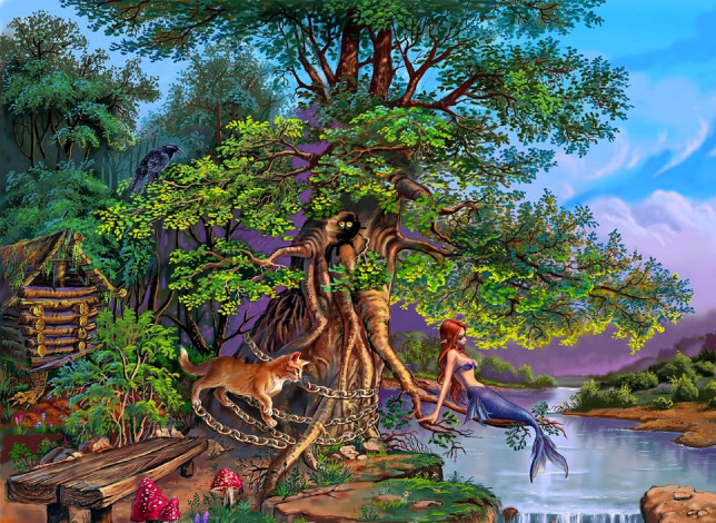 Обои картинки фото рисованное, виктор цыганов, лукоморье, дуб, лес, русалка, избушка, цепь, кот, река