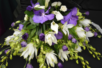 Картинка цветы букеты композиции орхидеи каллы эустома