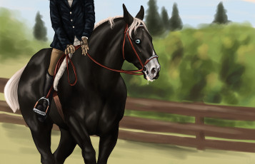 Картинка рисованное животные +лошади лошадь фон взгляд грива