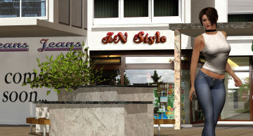 Картинка 3д+графика люди+ people улица окна взгляд дом девушка