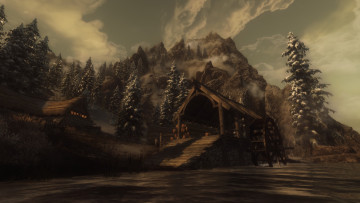 Картинка 3д+графика природа+ nature деревья горы дом облака