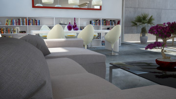 Картинка 3д+графика реализм+ realism книги полки кресла диван стол цветы