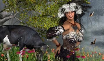 Картинка 3д+графика люди+ people взгляд девушка дерево улыбка цветы корова