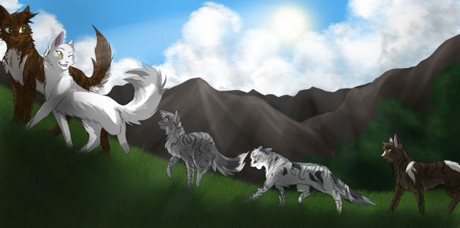 Обои картинки фото рисованное, животные,  коты, коты, горы, облака