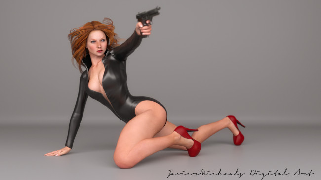 Обои картинки фото 3д графика, люди , people, оружие, фон, взгляд, девушка