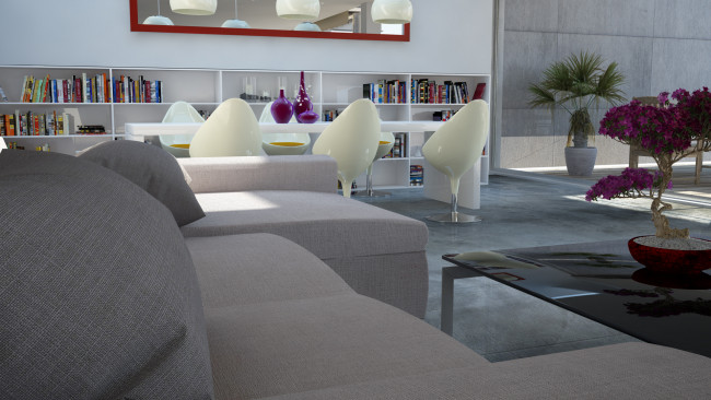 Обои картинки фото 3д графика, реализм , realism, книги, полки, кресла, диван, стол, цветы