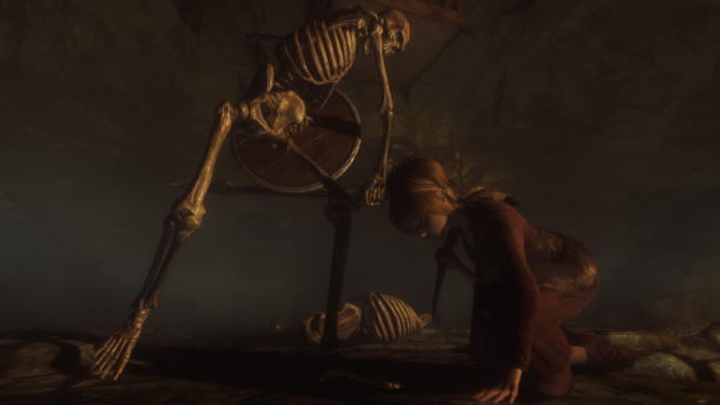 Обои картинки фото 3д графика, ужас , horror, скелеты, фон, взгляд, девушка