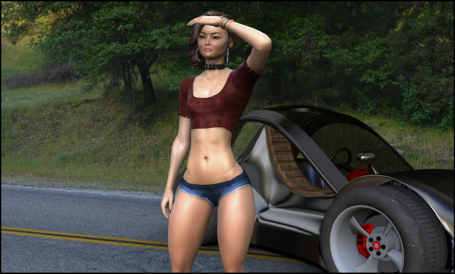 Обои картинки фото 3д графика, люди , people, девушка, взгляд, фон, автомобиль