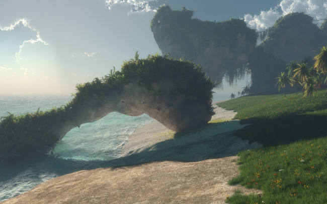 Обои картинки фото 3д графика, природа , nature, трава, облака, вода, скалы