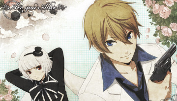 Картинка аниме are+you+alice белый кролик красные глаза шляпка а ты алиса alice white rabbit are you бант розы цветы уши пистолет парень