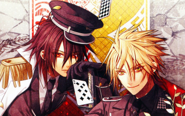 Картинка аниме amnesia листья улыбки красные глаза форма карты парни toma shin