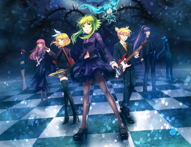 Обои картинки фото аниме, vocaloid, gumi, kagamine, len, rin, blz, 1991, megurine, luka, вокалоид, арт, гитара, парни, девушки, hachune, miku, kamui, gakupo, meiko, kaito