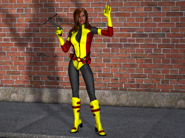 Обои картинки фото 3д графика, люди , people, девушка, взгляд, фон, оружие, рыжая